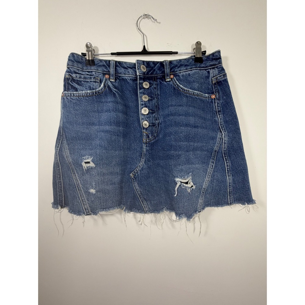 We The Free Free People Denim Mini Skirt Blue Distressed Raw Hem Button Fly 28